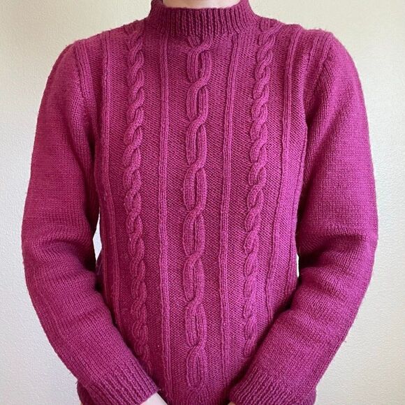 Hand Knit Maroon Red Cable 100% Wool Chunky Knit Mockneck Sweater Sz M - Picture 5 of 6